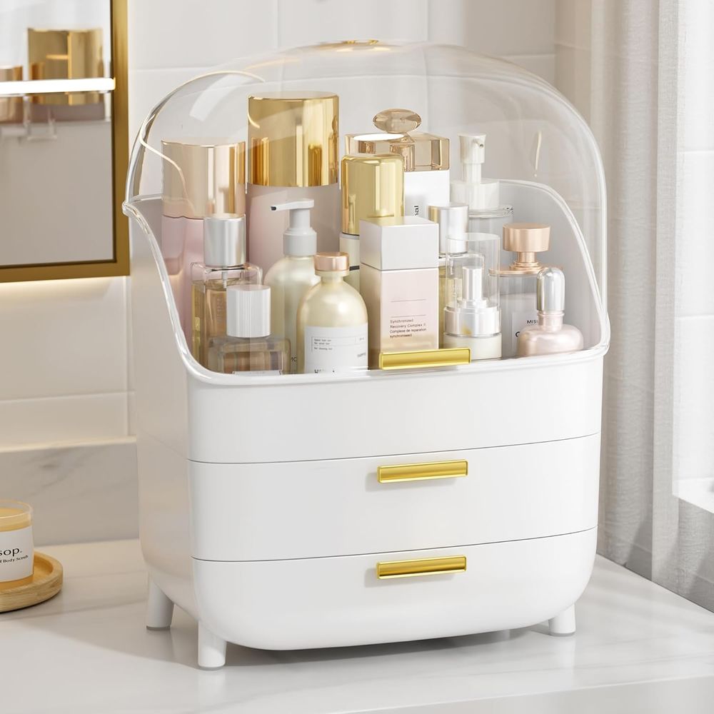Drawer Dresser White - 3단 서랍과 뚜껑이 있는 화장품 정리함,