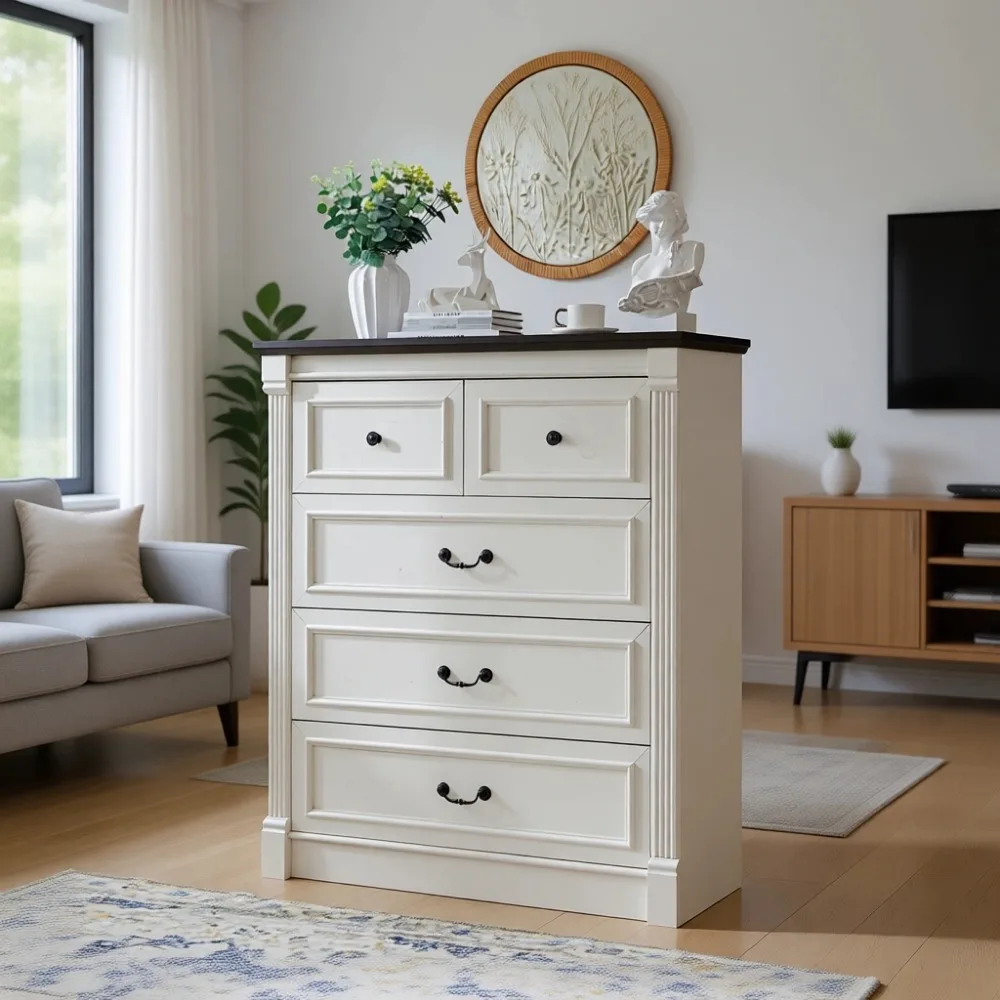 Drawer Dresser White - 로마 기둥 디자인의 5단 서랍 침실용