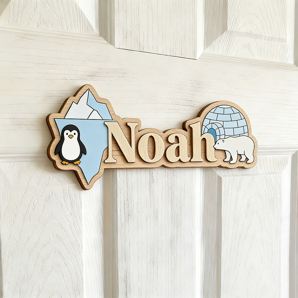 Baby Nursery Name - 북극 펭귄 & 북극곰 맞춤 이름표시판,