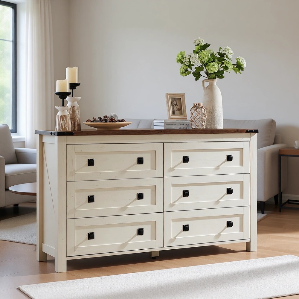 Drawer Dresser White - 팜하우스 54인치 6단 서랍장, 앤티크 화이트,