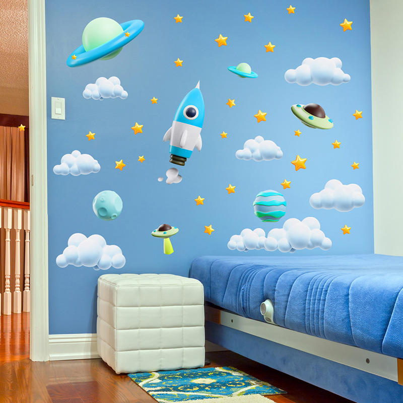 Baby Nursery Diy - 블루 갤럭시 우주 로켓 UFO 벽