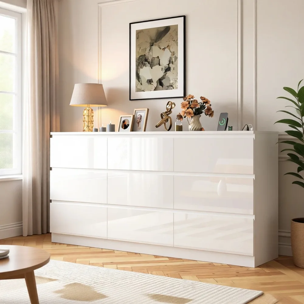 Drawer Dresser White - 대형 70인치 9단 서랍장(전원 콘센트 포함),