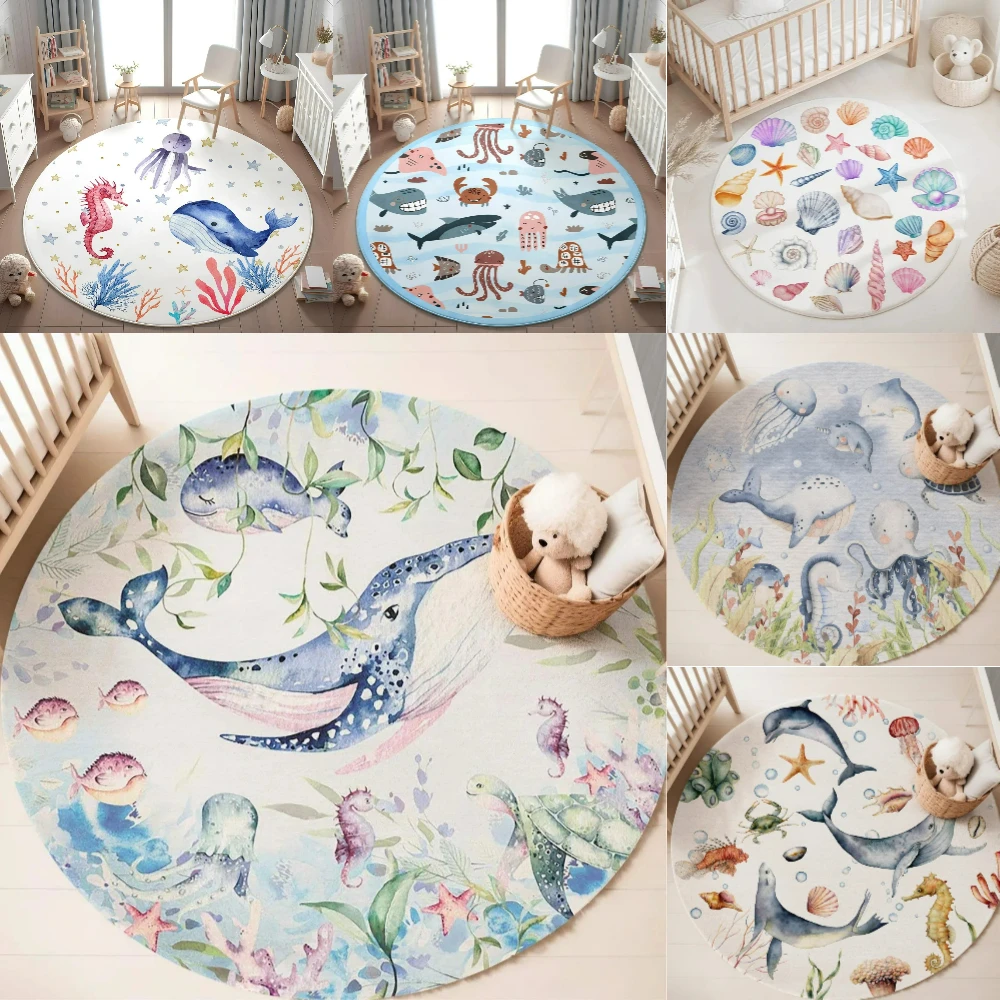 Baby Nursery Decor Ideas - 푸른색 해양 동물 원형 카펫 (거실,