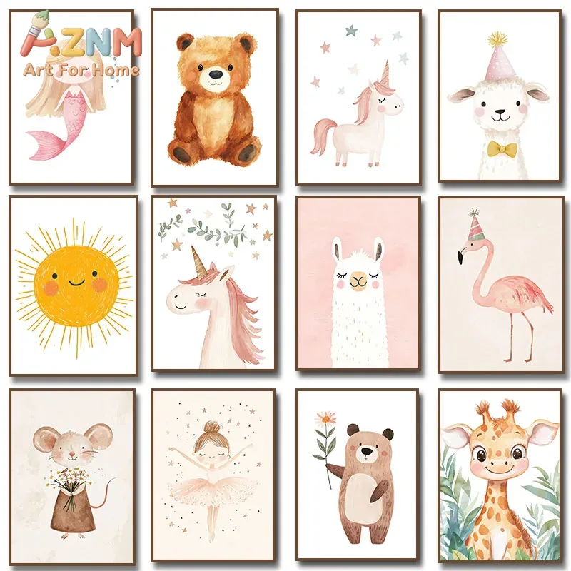 AZNM 수채화 귀여운 동물 캔버스 벽 예술 유니콘 곰 - Baby Nursery Giraffe 리뷰 및 가격