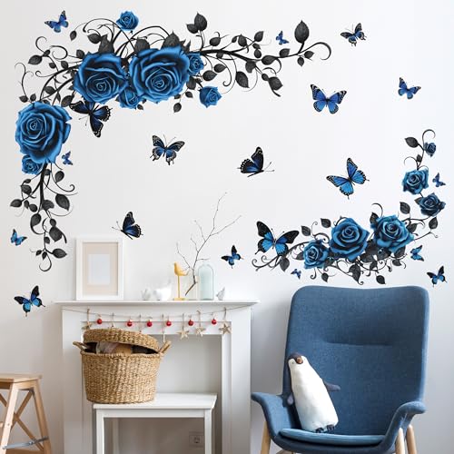 블루 로즈 나비 덩굴 벽 스티커 데칼 꽃무늬 침실 거실 - Baby Nursery Plants 리뷰 및 가격
