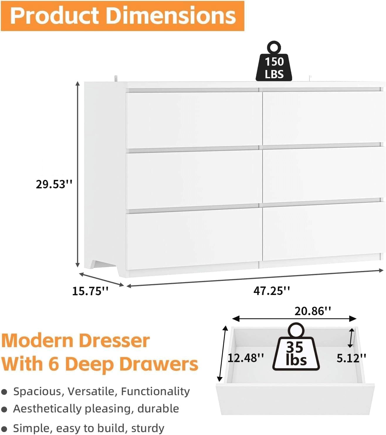 침실용 화이트 우드 6단 서랍장, 깊은 서랍, 수납 정 - Drawer Dresser White 리뷰 및 가격