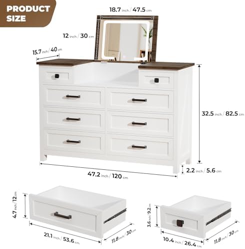 LED 거울이 있는 서랍장, 8개 서랍, 농가 스타일, - Drawer Dresser White 리뷰 및 가격
